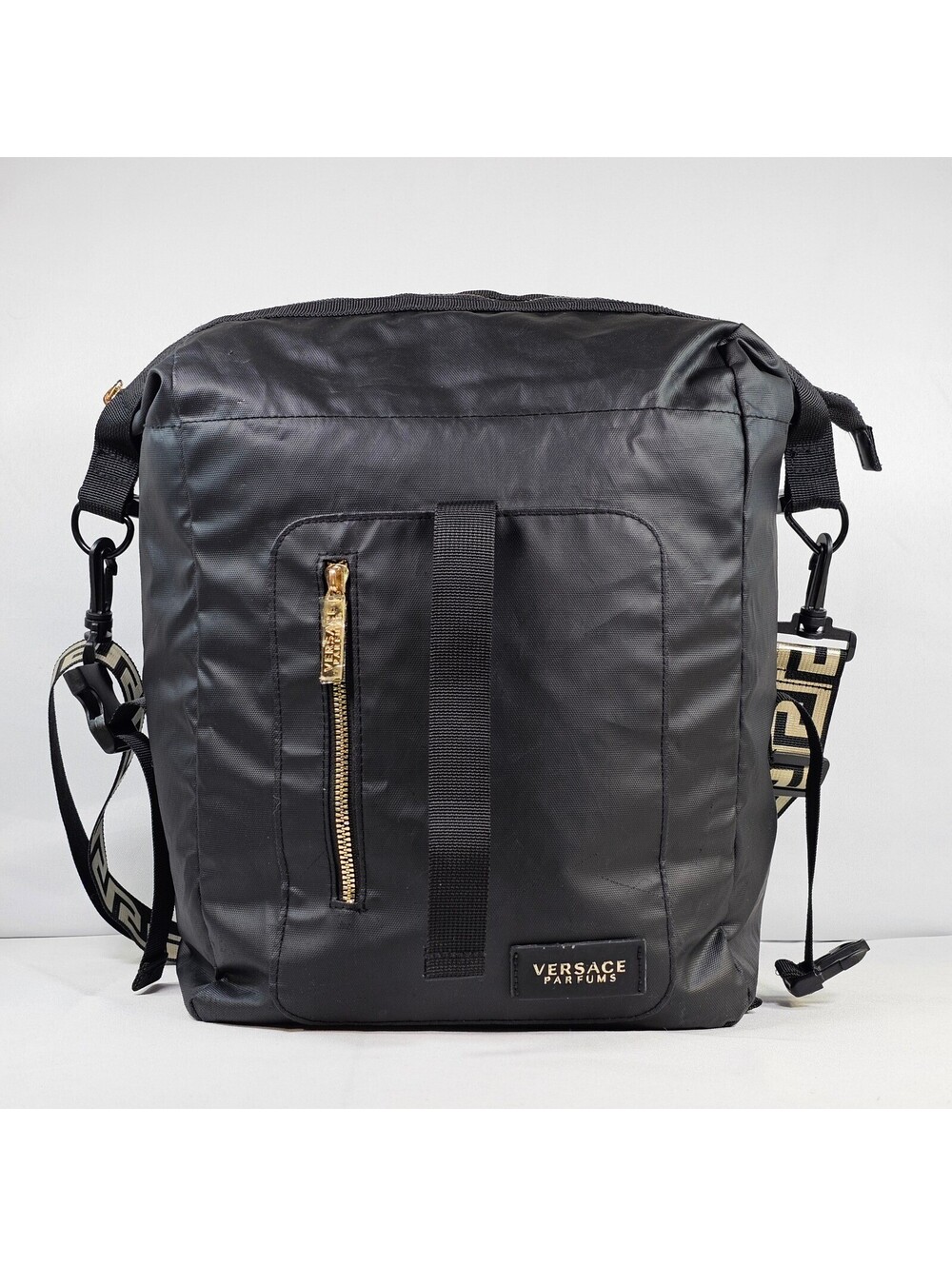Versace Parfums Black Nylon Backpack Greek Key Greca Strap Messenger Bag AS IS